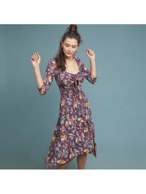Maeve Purple Floral Tie-Front Midi Dress with Orange Accents